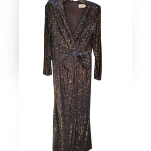 Eliza J Elegant Black micro sequined Long Dress 10 EUC Big bow at waist
